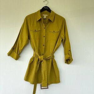 Size L, Bechamel vintage Gold Linen, Rayon and spandex long belted shirt